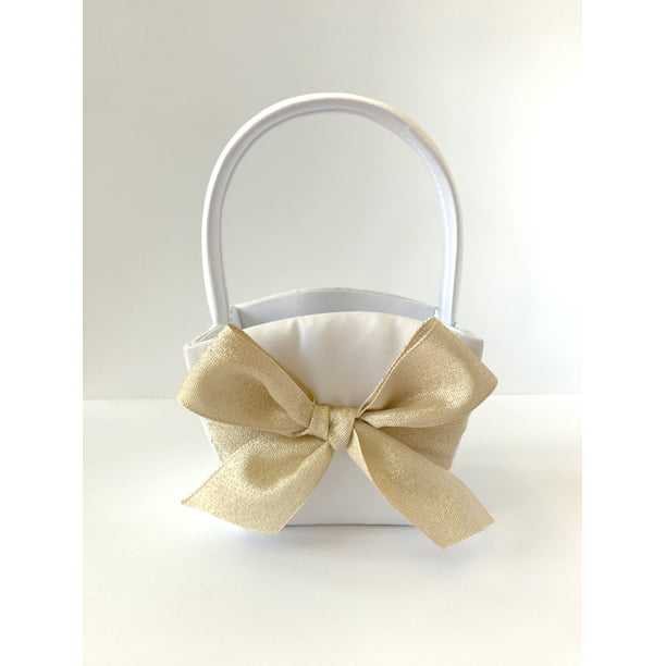 White Wedding girl flower petal basket decoration choc brown bow n diamnte stud
